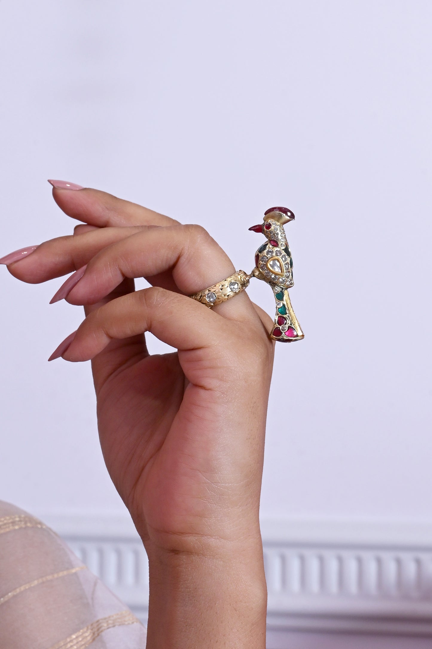Traditional Jadau Diamond Parrot Ring in 18kt Gold