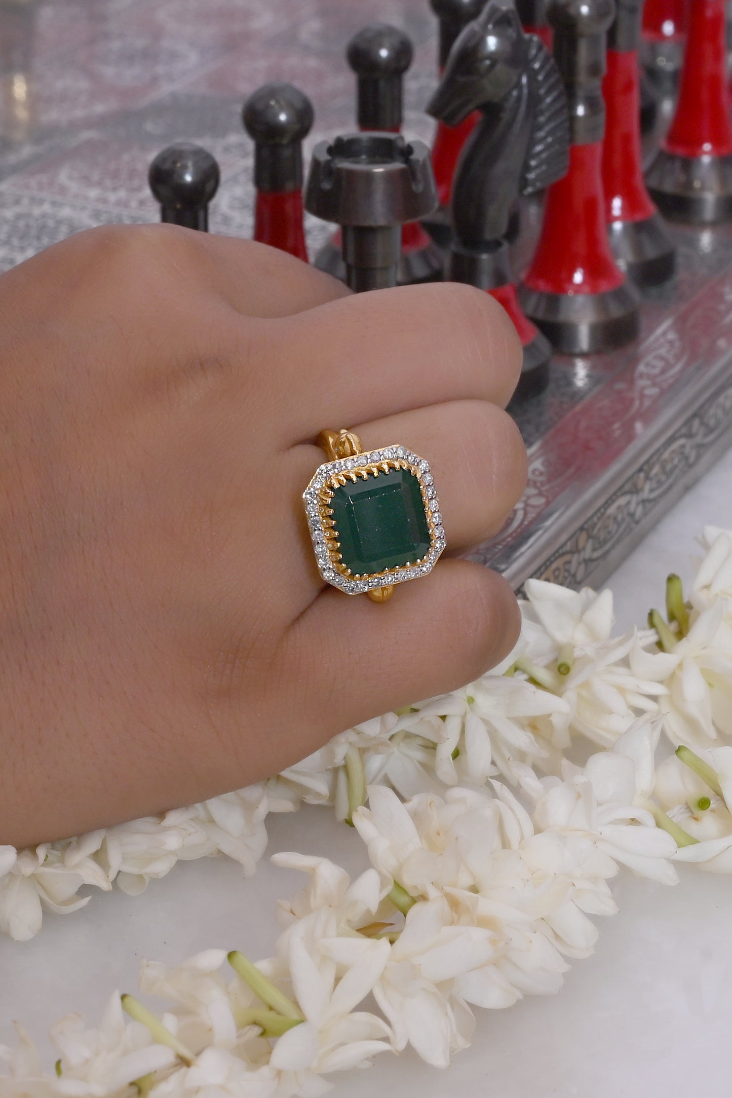 Emerald & Diamond Statement Ring set in Pure Gold