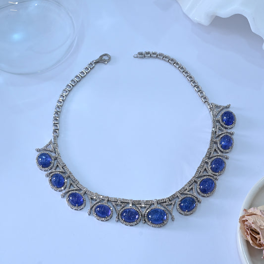Tanzanite and diamond Chain Necklace made with 925 Sterling Silver