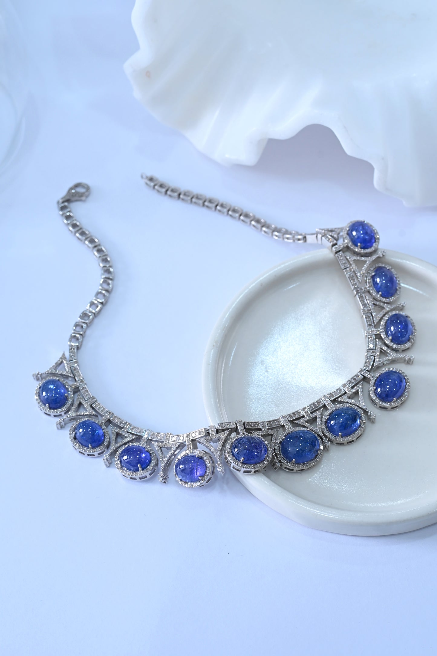 Tanzanite and diamond Chain Necklace made with 925 Sterling Silver