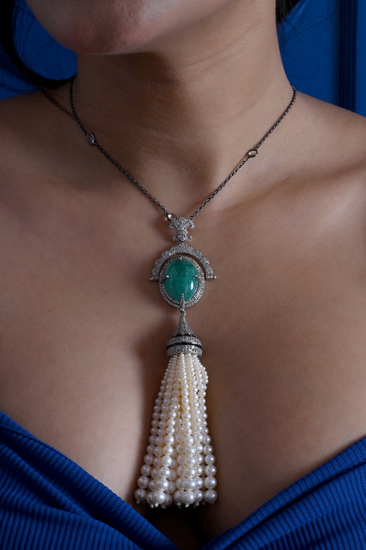 Emerald and Diamond Pendant Necklace with Pearl Tassel in Antique Finish