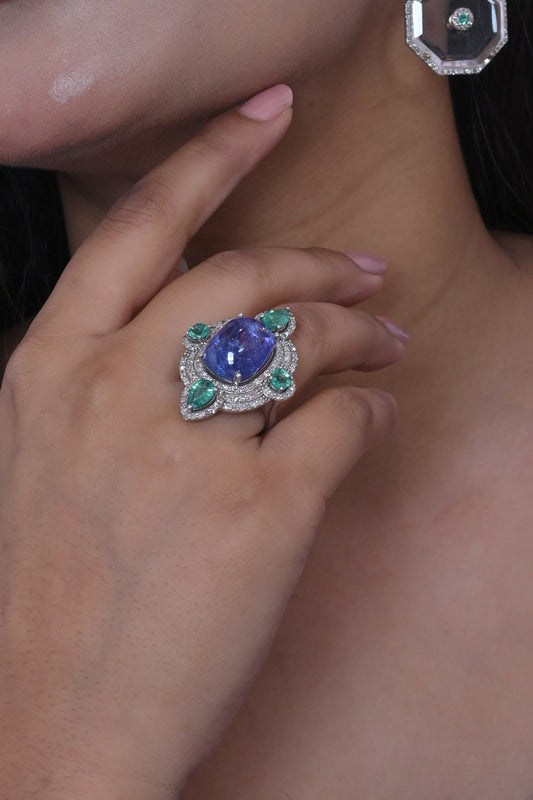 Emerald Tanzanite Diamond 925 Silver Statement Ring