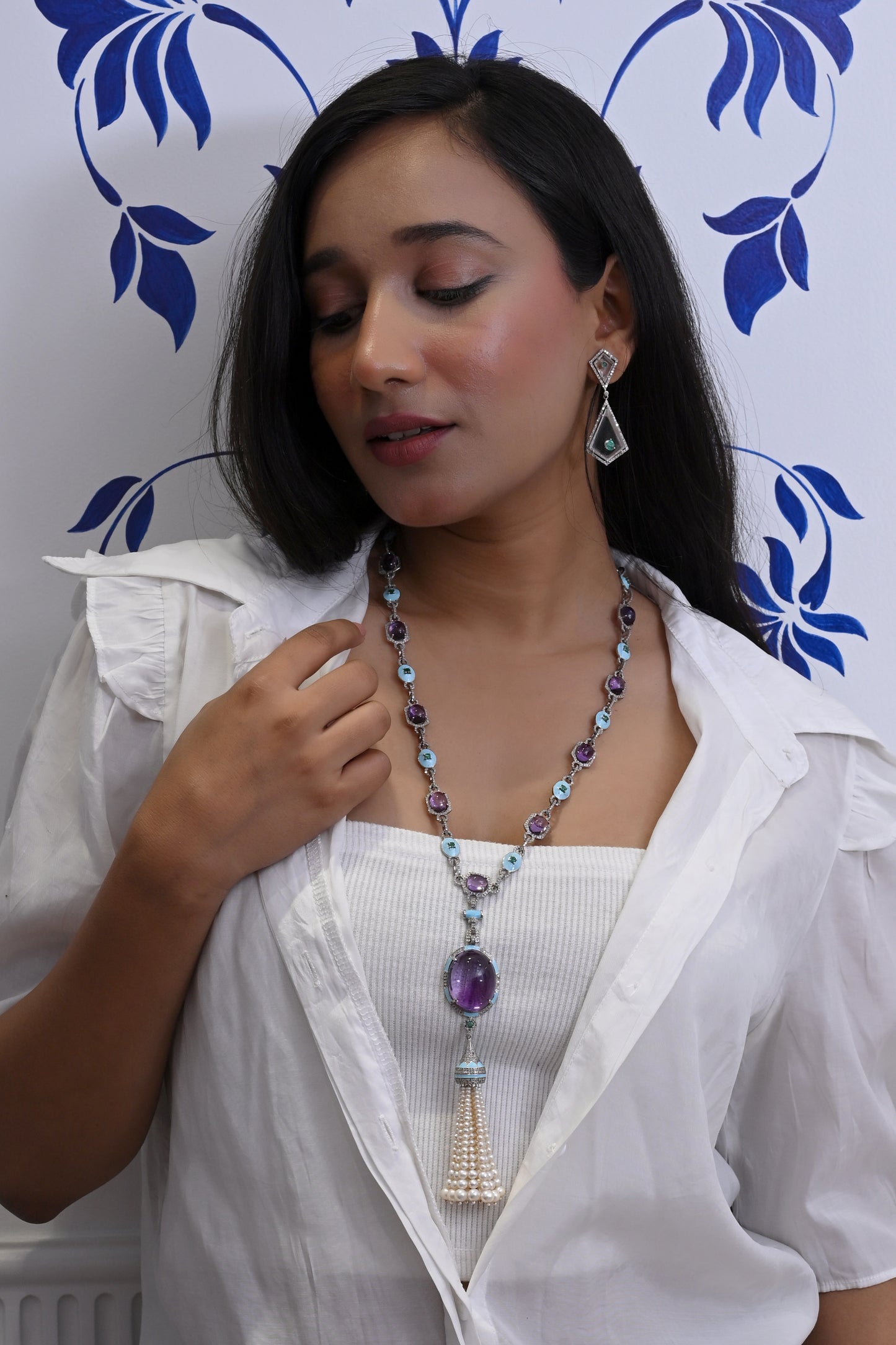 925 Silver Royal Amethyst & Emerald Long Necklace with Diamond Accents and Pearl Tassel