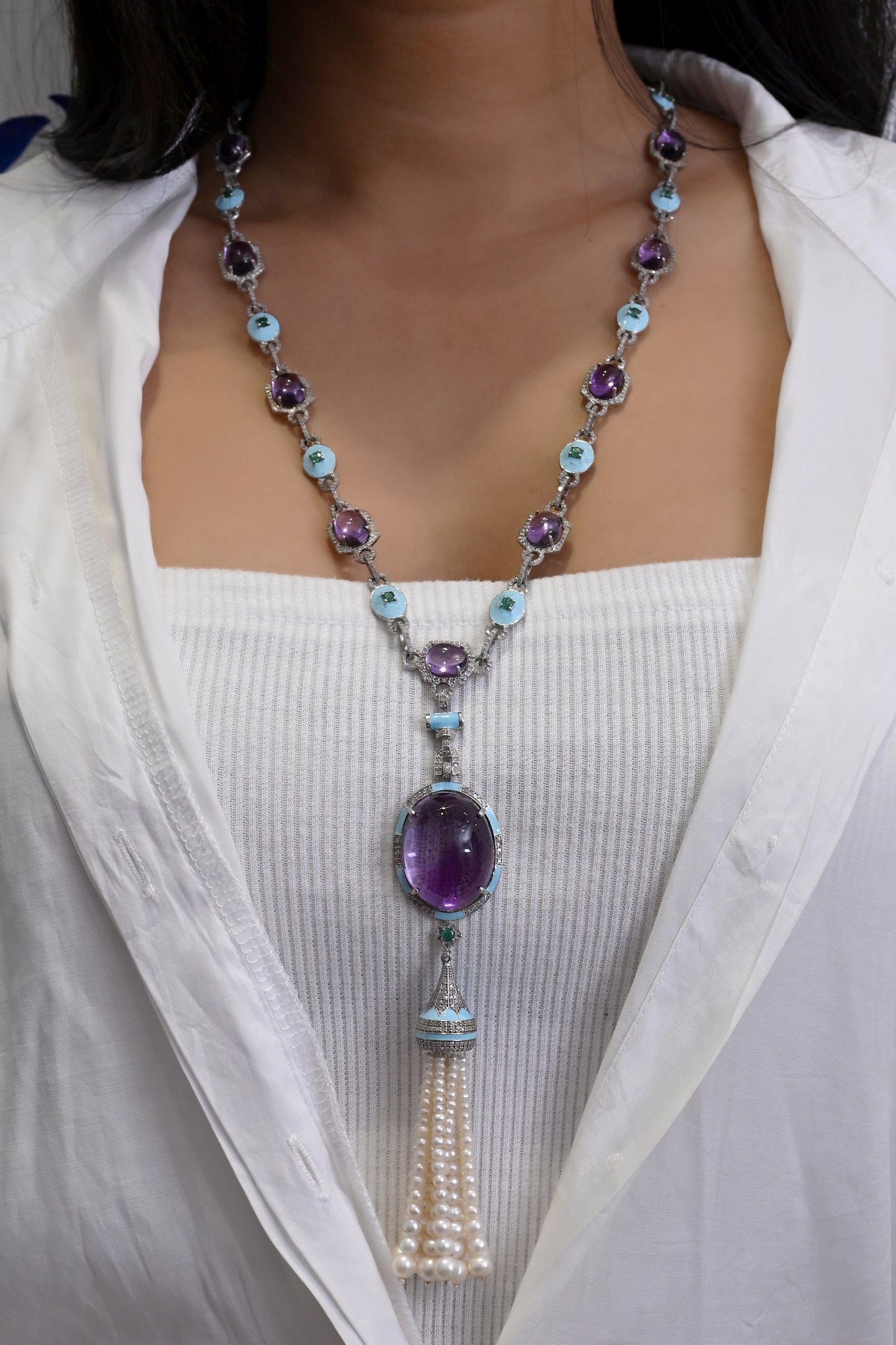 925 Silver Royal Amethyst & Emerald Long Necklace with Diamond Accents and Pearl Tassel