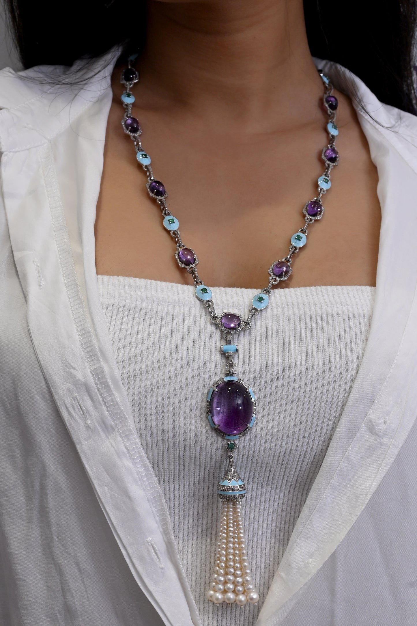 925 Silver Royal Amethyst & Emerald Long Necklace with Diamond Accents and Pearl Tassel